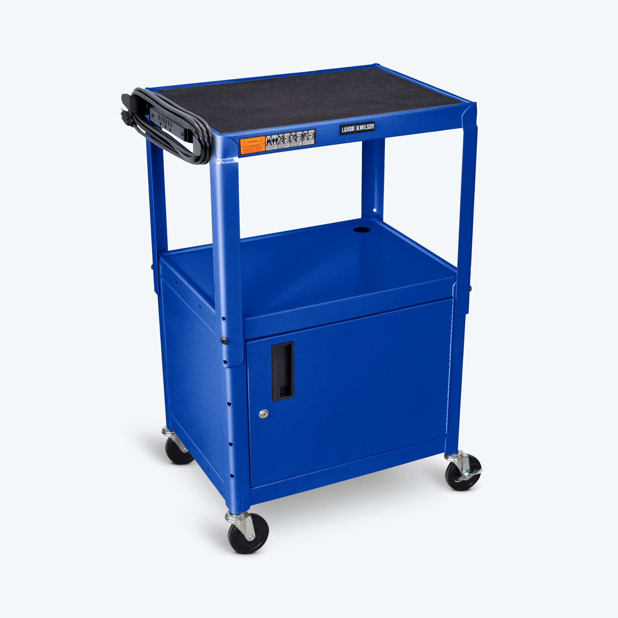 Luxor Adj-Height Steel AV Cart w/Cabinet-Blue, Color Blue, Material Steel, Shelves (qty.) 2, Model# AVJ42C-RB